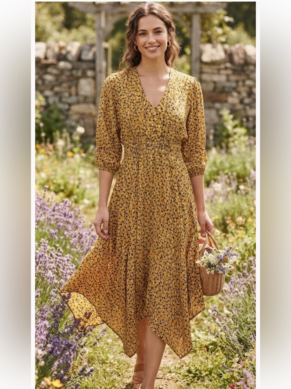 Anthropologie Mustard Yellow Floral V-Neck Midi Dress